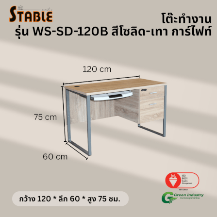 โต๊ะคอมพิวเตอร์ STABLE รุ่น WS-SD-120B 120 ซม. สีโซลิด-เทา การ์ไฟท์_2